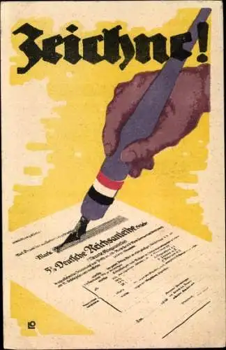 Ak Zeichne, 5. Deutsche Reichsanleihe, Hand mit Füller