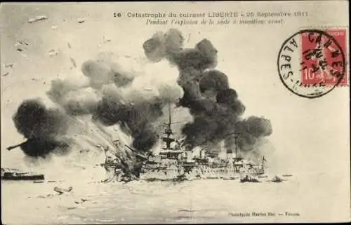 Ak Französisches Kriegsschiff, Liberte, Cuirasse, Explosion 1911