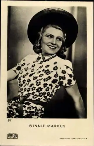 Ak Schauspielerin Winnie Markus, Portrait, Hut