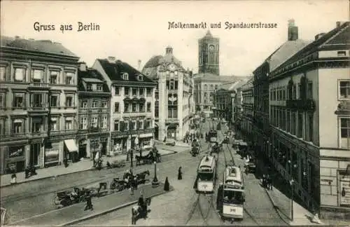 Ak Berlin Mitte, Molkenmarkt, Spandauer Straße, Straßenbahnen, Rathaus, Geschäfte