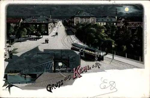 Mondschein Litho Kehl am Rhein, Straßenbahn, Rheinbrücke, Kirche, Straße