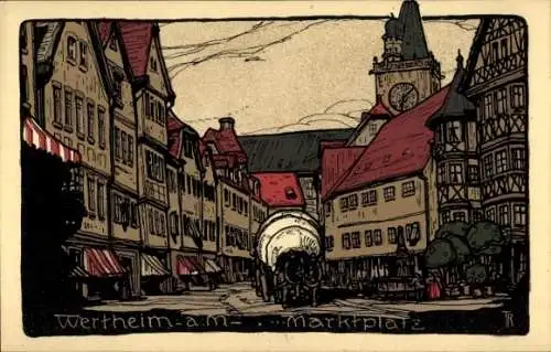 Steindruck Ak Wertheim am Main, Marktplatz