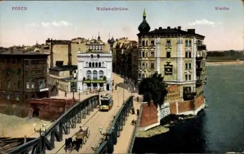 Ak Poznań Posen, Walischeibrücke mit Straßenbahn, Partie an der Warthe, Cafe Restaurant, Apotheke