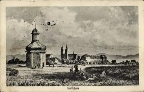 Künstler Ak Krzeszów Kamienna Góra Grüssau Schlesien, Panorama, Kapelle