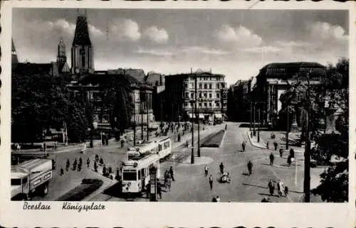 Ak Wrocław Breslau Schlesien, Königsplatz, Straßenbahnen