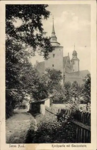 Ak Żary Sorau Niederlausitz Ostbrandenburg, Kirchpartie, Glockenturm
