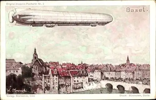 Künstler Ak Bâle Basel Stadt Schweiz, Zeppelin