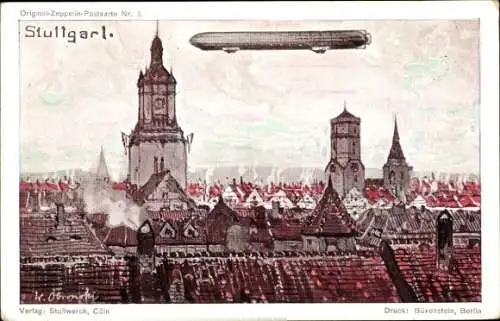 Künstler Ak Stuttgart am Neckar, Panorama, Luftschiff, Graf Zeppelin