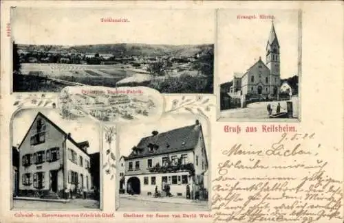 Ak Reilsheim Bammental in Baden, Evg. Kirche, Kolonialwarenhandlung, Gasthaus zur Sonne, Totale