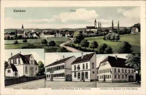 Ak Zeiskam, Teilansichten, Panoramaansicht der Stadt, Gasthaus Jägerlust, Schulhaus