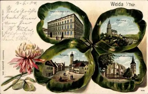 Präge Kleeblatt Litho Weida in Thüringen, Osterburg, Hotel, Ruine, Marktplatz
