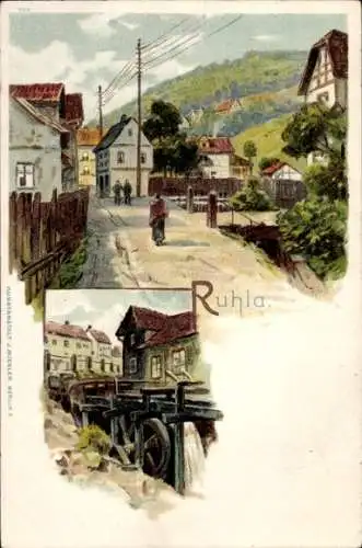Künstler Litho Ruhla in Westthüringen, Straßenpartie im Ort, Wassermühle