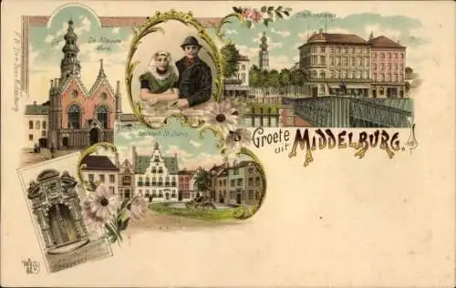 Lithographie Middelburg Zeeland Niederlande, Society of St. George, De Nieuwe Kerk, Stationsweg