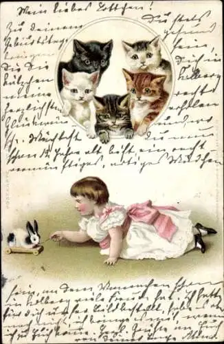 Litho Mädchen, Spielzeug, Kaninchen, Katzen