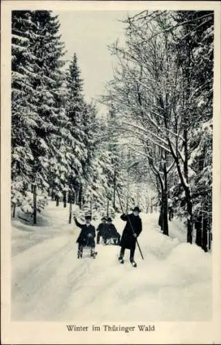 Ak Winter im Thüringer Wald, Skifahrer, Schlitten