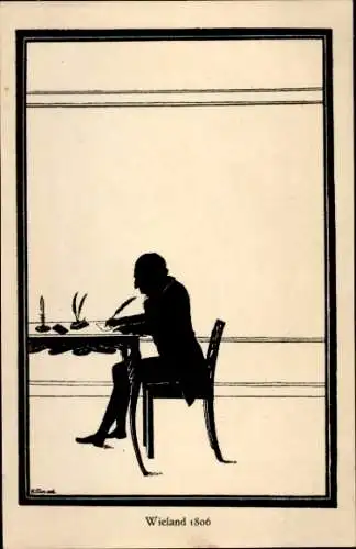 Scherenschnitt Ak Dichter Christoph Martin Wieland am Tisch schreibend