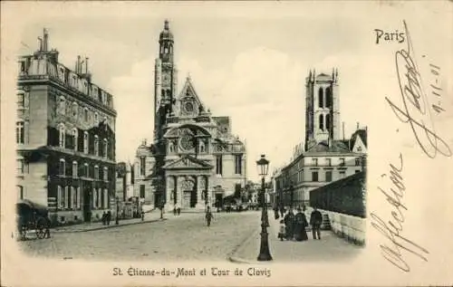 Relief Ak Paris V, Berg Sainte Geneviève, Kirche Saint Étienne du Mont, Clovis-Turm