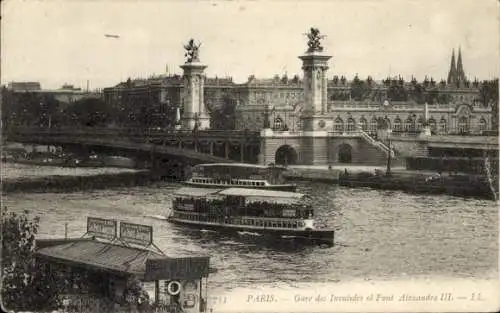 Ak Paris VIIIe Élysée, Gare des Invalides, Pont Alexandre III