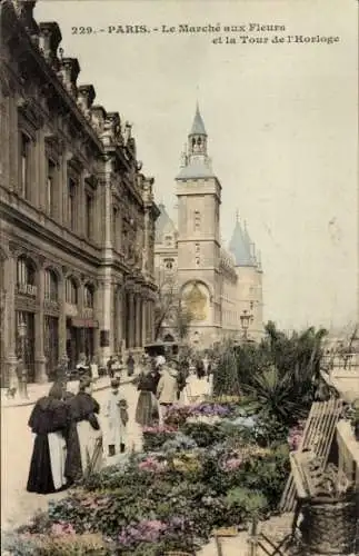 Ak Paris VIIIe Élysée, Blumenmarkt, Uhrturm