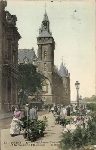 Ak Paris VIIIe Élysée, Blumenmarkt, Uhrturm