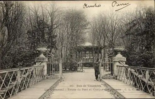 Ak Paris XII Bois de Vincennes, See Daumesnil, Eingang zur Brücke und Konzertkiosk