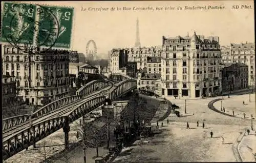 Ak Paris XV., Kreuzung der Rue Lecourbe, Blick vom Boulevard Pasteur, der Metro