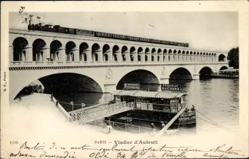 Ak Paris XVI Passy Auteuil, Viadukt, Boot am Pier
