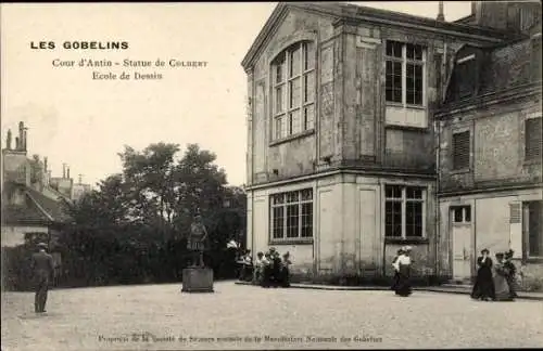Ak Paris XIII., Cour d'Antin, Statue von Colbert, Zeichenschule