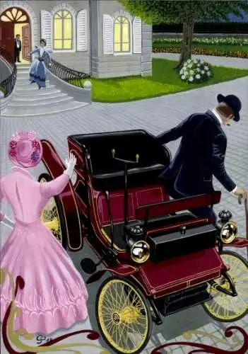 Künstler Ak Ehepaar steigt aus einem Automobil aus, Peugeot