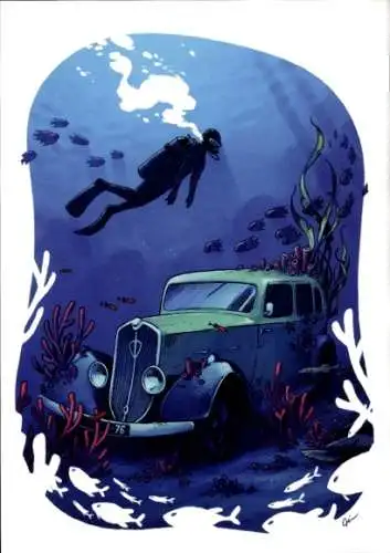 Künstler Ak Auto unter Wasser, Taucher, Peugeot