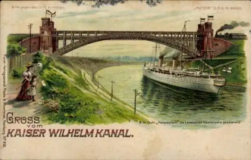 Halt gegen das Licht Litho Levensauer Hochbrücke, Kaiser Wilhelm Kanal, SM Yacht Hohenzollern
