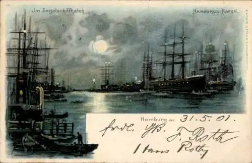 Künstler Litho Heide, A., Hamburg, Segelschiffhafen, Nachtansicht