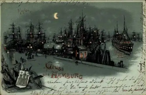 Mondschein Litho Hamburg, Hafen bei Nacht