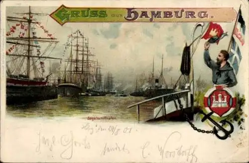 Litho Hamburg, Segelschiffhafen, Matrose