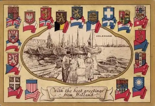 Wappen Ak Volendam Nordholland Niederlande, Hafen, Schiffe, Niederländische Tracht