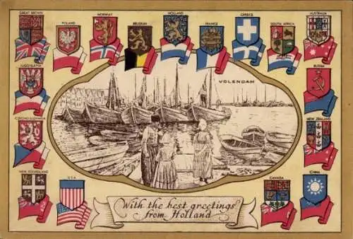 Wappen Ak Amsterdam Nordholland Niederlande, Hafen, Niederländische Tracht, Boote