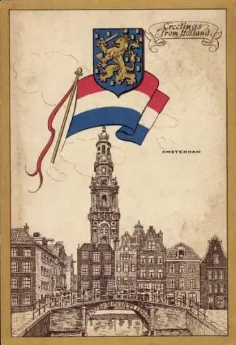 Wappen Ak Amsterdam Nordholland Niederlande, Brücke, Turm, Fahne