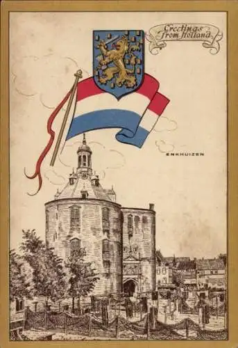 Wappen Ak Enkhuizen Nordholland Niederlande, Gebäude, Fischernetze