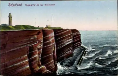 Ak Nordseeinsel Helgoland, Felsen an der Westküste, Leuchtturm