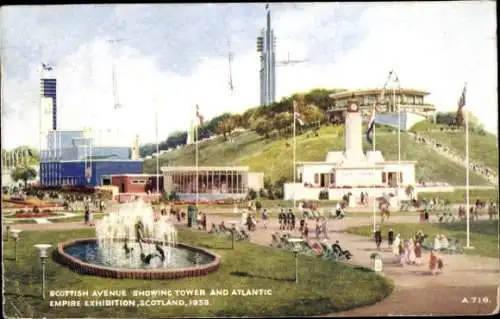 Ak Glasgow Schottland, Empire Exhibition 1938, Türme, Brunnen Schottische Strasse
