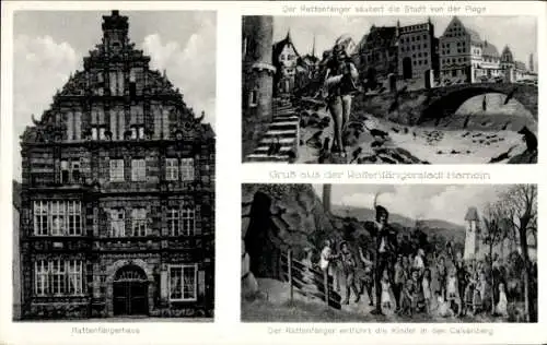 Ak Hameln an der Weser Niedersachsen, Rattenfängerhaus, Rattenfänger, Kinder, Gedicht
