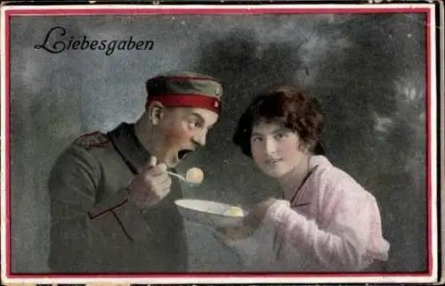 Ak Liebesgaben, deutscher Soldat isst einen Kloß