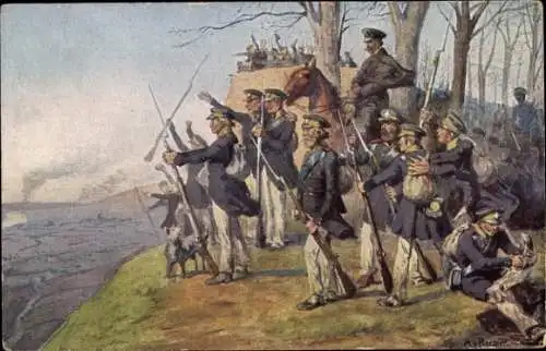 Künstler Ak Roessler, A., Die Preußische Landwehr vor Paris, März 1814
