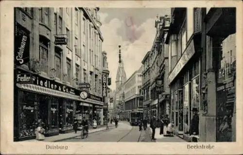 Ak Duisburg im Ruhrgebiet, Beekstraße, Geschäft Fiedler & Co., Schuhwaren, Straßenbahn