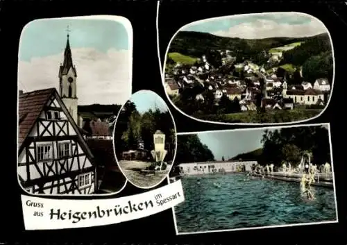 Ak Heigenbrücken im Spessart Unterfranken, Gesamtansicht, Schwimmbad