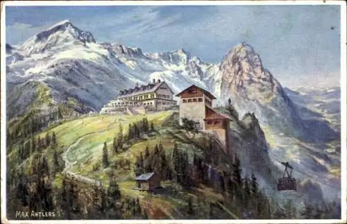 Künstler Ak Garmisch Partenkirchen, Kreuzeckhaus, Adolf Zoeppritz Haus, Alpspitze, Zugspitze