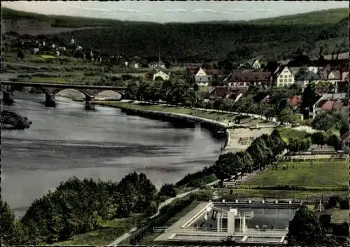 Ak Marktheidenfeld am Main Unterfranken, Panorama, Schwimmbad, Brücke