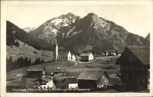 Ak Hirschegg Mittelberg im Kleinwalsertal Vorarlberg, Panorama, Kirche, Elfer, Zwölferkopf