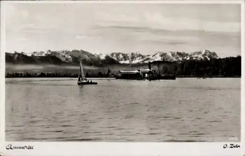 Ak Herrsching am Ammersee, Panorama, Segelboot