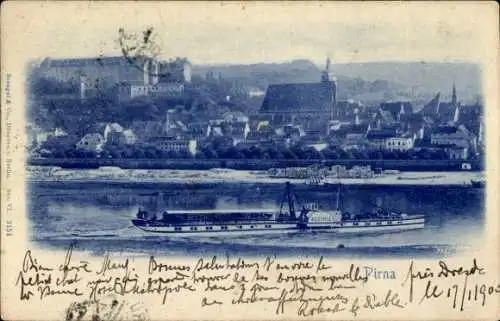 Ak Pirna an der Elbe, Dampfschiff, Panorama